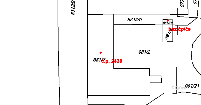 Východní Předměstí 2430, Plzeň na parcele st. 981/7 v KÚ Plzeň, Katastrální mapa