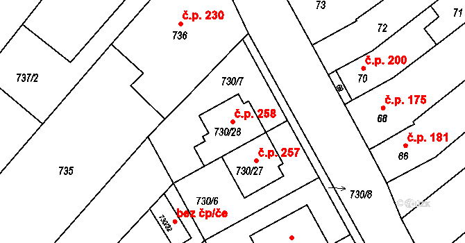 Silůvky 258 na parcele st. 730/28 v KÚ Silůvky, Katastrální mapa