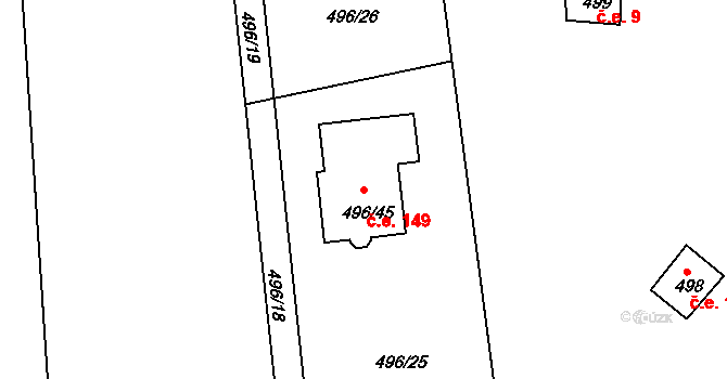 Kanice 149 na parcele st. 496/45 v KÚ Kanice, Katastrální mapa