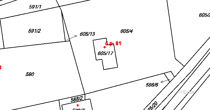 Černý Dub 81, Homole na parcele st. 605/17 v KÚ Homole, Katastrální mapa