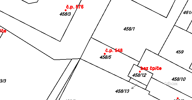 Zruč 548, Zruč-Senec na parcele st. 458/5 v KÚ Zruč, Katastrální mapa