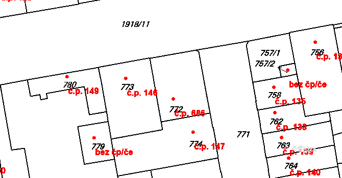 České Budějovice 4 686, České Budějovice na parcele st. 772 v KÚ České Budějovice 4, Katastrální mapa