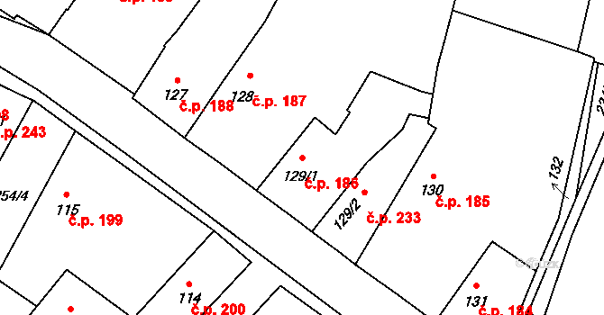 Miličín 186 na parcele st. 129/1 v KÚ Miličín, Katastrální mapa