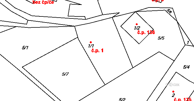 Husle 1, Pernštejnské Jestřabí na parcele st. 1/1 v KÚ Husle, Katastrální mapa