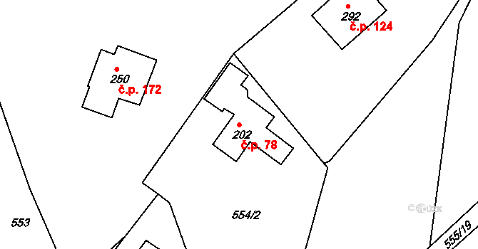 Radešínská Svratka 78 na parcele st. 202 v KÚ Radešínská Svratka, Katastrální mapa
