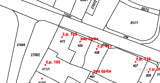Dačice 41011341 na parcele st. 409 v KÚ Dačice, Katastrální mapa
