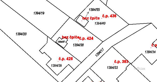 Píšť 424 na parcele st. 1394/38 v KÚ Píšť, Katastrální mapa