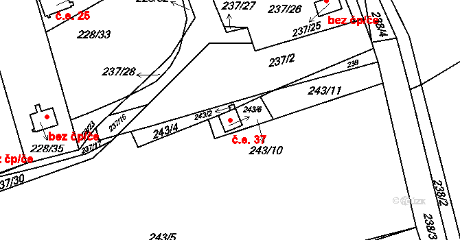 Zaječice 37, Vrskmaň na parcele st. 243/6 v KÚ Vrskmaň, Katastrální mapa