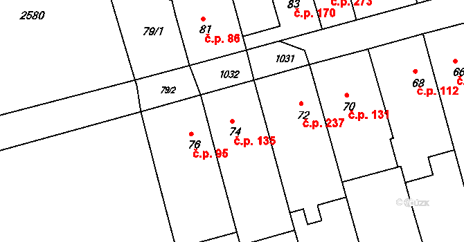 Hrušky 135 na parcele st. 74 v KÚ Hrušky u Brna, Katastrální mapa