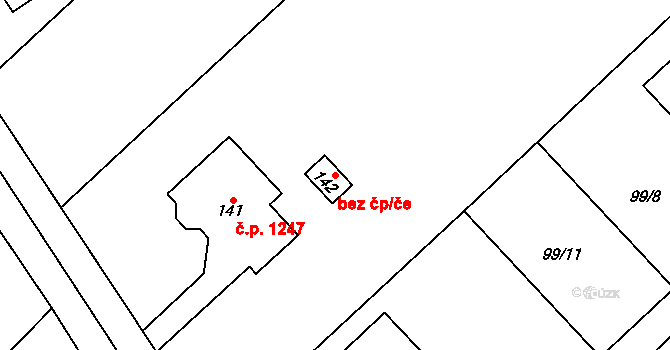 Litovel 49523341 na parcele st. 142 v KÚ Chořelice, Katastrální mapa