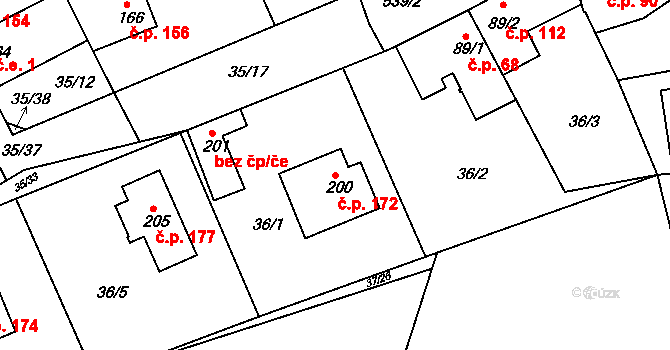 Tachlovice 172 na parcele st. 200 v KÚ Tachlovice, Katastrální mapa