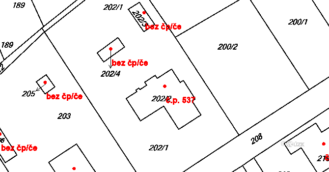 Průhonice 537 na parcele st. 202/2 v KÚ Hole u Průhonic, Katastrální mapa