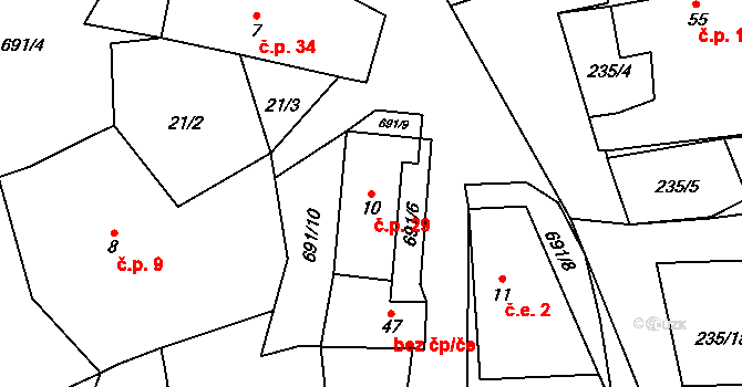 Křížovice 29, Plánice na parcele st. 10 v KÚ Křížovice u Číhaně, Katastrální mapa