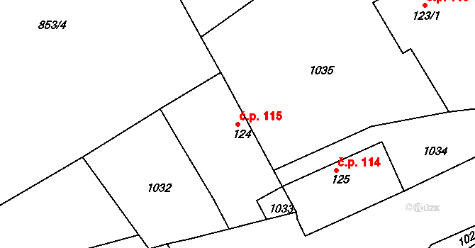 Bílý Kámen 115, Podhořany u Ronova na parcele st. 124 v KÚ Podhořany u Ronova, Katastrální mapa