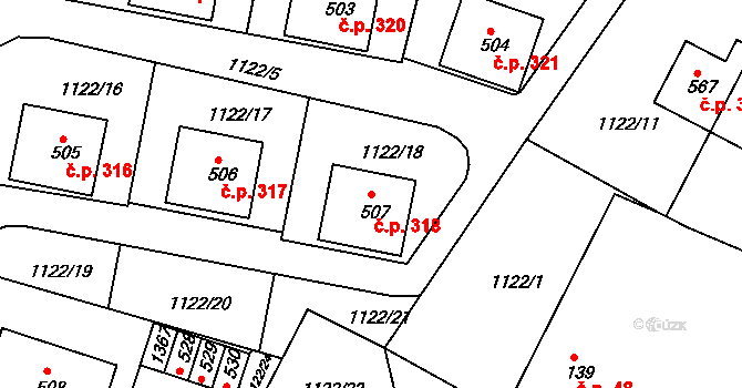 Zbečník 318, Hronov na parcele st. 507 v KÚ Zbečník, Katastrální mapa