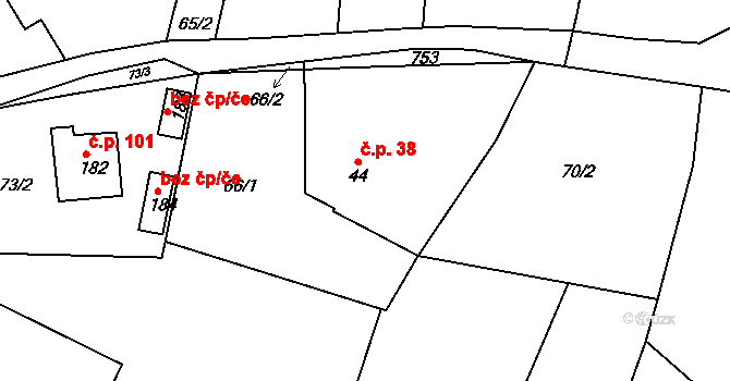 Lipoltice 38 na parcele st. 44 v KÚ Lipoltice, Katastrální mapa