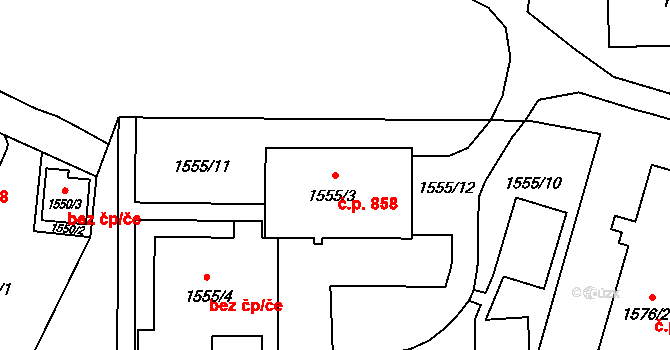 Mohelnice 858 na parcele st. 1555/3 v KÚ Mohelnice, Katastrální mapa
