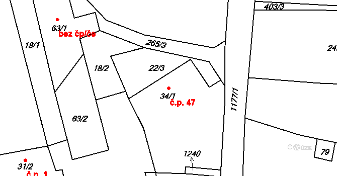 Chvalov 47, Stebno na parcele st. 34/1 v KÚ Chvalov, Katastrální mapa