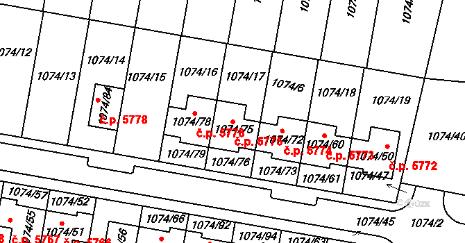 Jihlava 5775 na parcele st. 1074/75 v KÚ Jihlava, Katastrální mapa