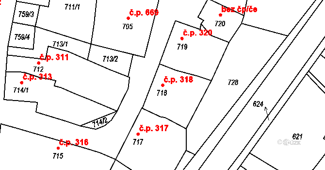 Lednice 318 na parcele st. 718 v KÚ Lednice na Moravě, Katastrální mapa