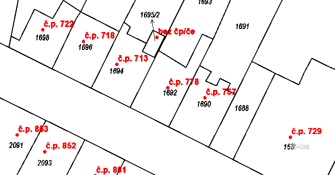 Hustopeče 778 na parcele st. 1692/1 v KÚ Hustopeče u Brna, Katastrální mapa