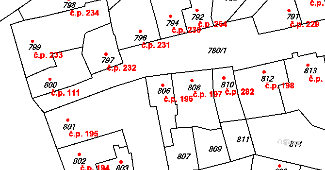 Plumlov 196 na parcele st. 806 v KÚ Plumlov, Katastrální mapa