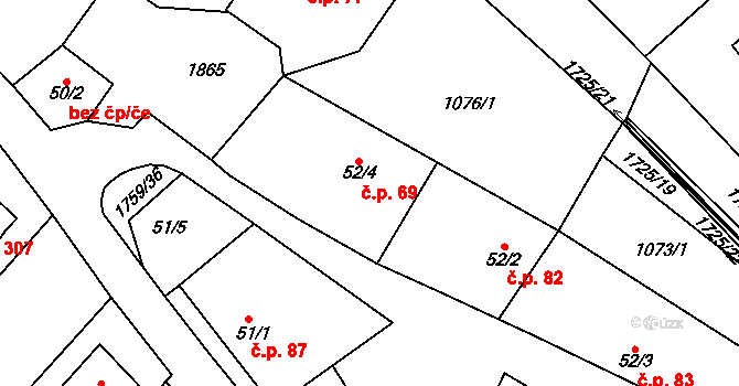 Jevišovice 69 na parcele st. 52/4 v KÚ Jevišovice, Katastrální mapa