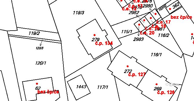 Bohdalice 134, Bohdalice-Pavlovice na parcele st. 279 v KÚ Bohdalice, Katastrální mapa