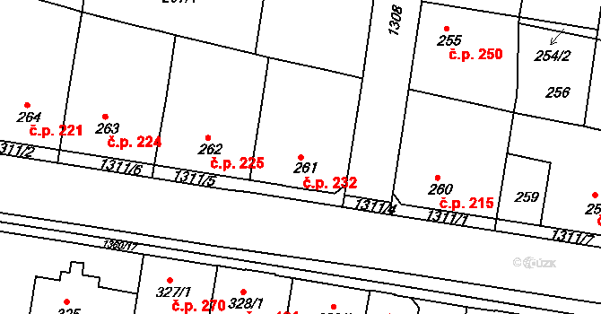 Tuchlovice 232 na parcele st. 261 v KÚ Tuchlovice, Katastrální mapa