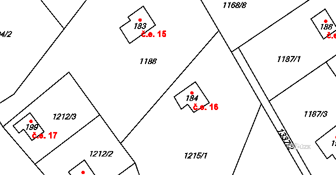 Hrádek 16 na parcele st. 184 v KÚ Hrádek u Jehnědí, Katastrální mapa