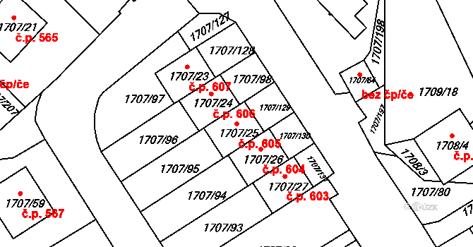 Miřetice u Klášterce nad Ohří 605, Klášterec nad Ohří na parcele st. 1707/25 v KÚ Miřetice u Klášterce nad Ohří, Katastrální mapa