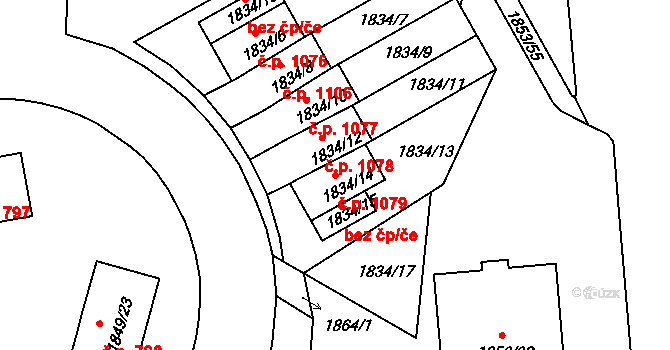 Podolí 1079, Praha 8 na parcele st. 1834/14 v KÚ Podolí, Katastrální mapa
