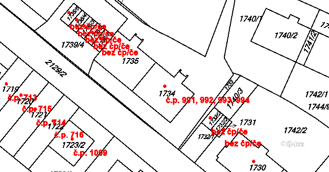 Košíře 991,992,993,994, Praha na parcele st. 1734 v KÚ Košíře, Katastrální mapa