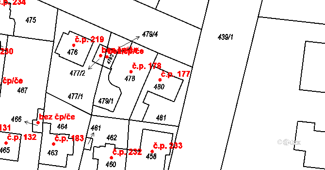Čimice 177, Praha na parcele st. 480 v KÚ Čimice, Katastrální mapa