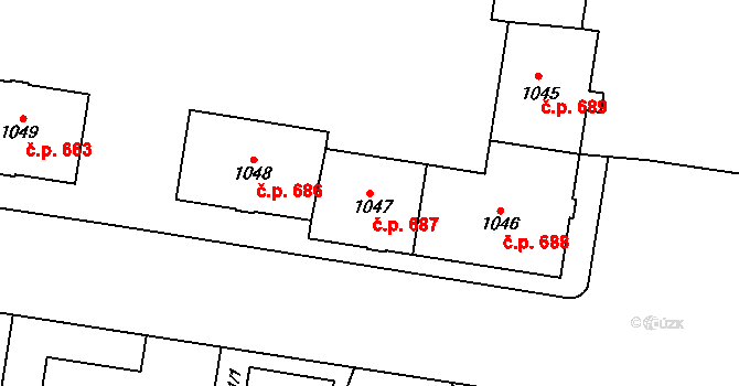 Kbely 687, Praha na parcele st. 1047 v KÚ Kbely, Katastrální mapa