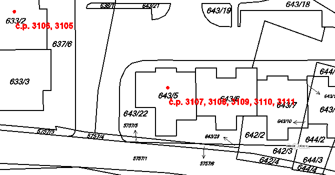 Záběhlice 3107,3108,3109,3110,, Praha na parcele st. 643/5 v KÚ Záběhlice, Katastrální mapa