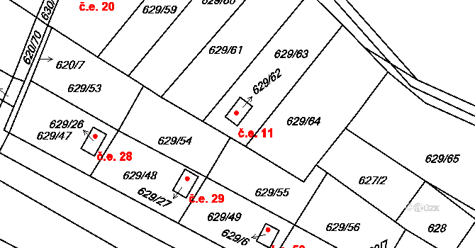 Ostrovačice 11 na parcele st. 629/62 v KÚ Ostrovačice, Katastrální mapa