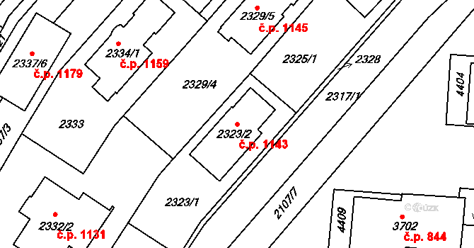 Komín 1143, Brno na parcele st. 2323/2 v KÚ Komín, Katastrální mapa