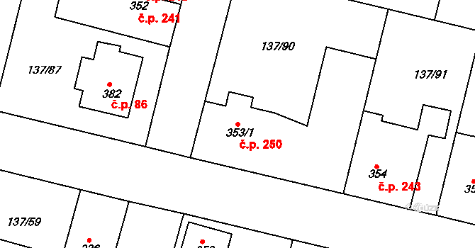 Červené Pečky 250 na parcele st. 353/1 v KÚ Červené Pečky, Katastrální mapa