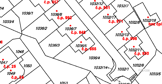 Štýřice 855, Brno na parcele st. 1036/5 v KÚ Štýřice, Katastrální mapa