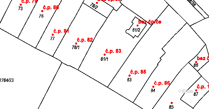 Střed 83, Rokycany na parcele st. 81/1 v KÚ Rokycany, Katastrální mapa