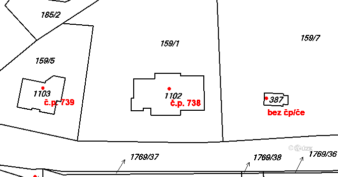 Dolní Bousov 738 na parcele st. 1102 v KÚ Dolní Bousov, Katastrální mapa