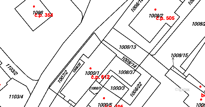 Štípa 612, Zlín na parcele st. 1000/1 v KÚ Štípa, Katastrální mapa