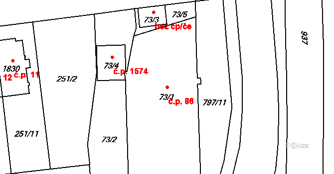 Hrabůvka 86, Ostrava na parcele st. 73/1 v KÚ Hrabůvka, Katastrální mapa