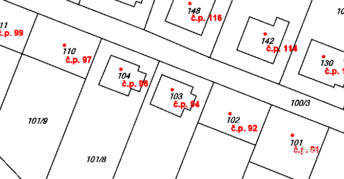 Hostišová 94 na parcele st. 103 v KÚ Hostišová, Katastrální mapa