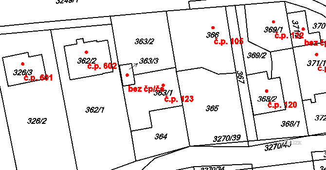 Píšť 123 na parcele st. 363/1 v KÚ Píšť, Katastrální mapa