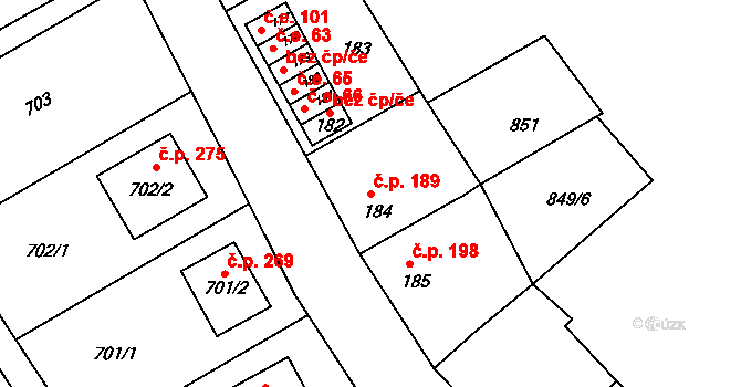 Lovčičky 189 na parcele st. 184 v KÚ Lovčičky, Katastrální mapa