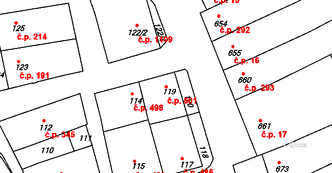 Nivnice 501 na parcele st. 119 v KÚ Nivnice, Katastrální mapa