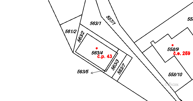 Dolní Vltavice 43, Černá v Pošumaví na parcele st. 563/4 v KÚ Černá v Pošumaví, Katastrální mapa
