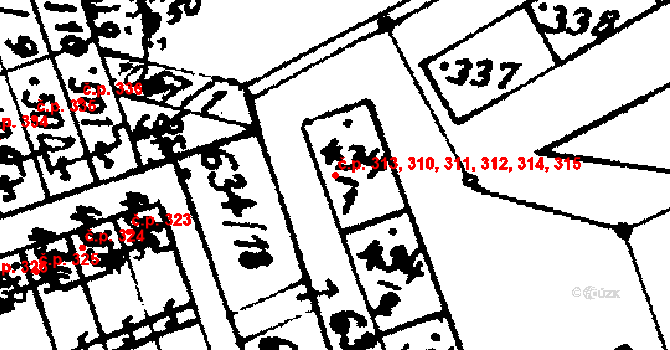 Hrochův Týnec 310,311,312,313,314, na parcele st. 434/1 v KÚ Hrochův Týnec, Katastrální mapa